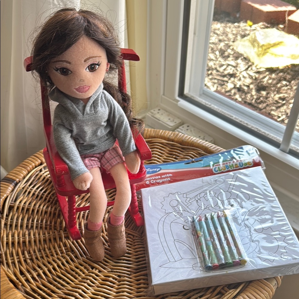 Doll with Red Rocking Chair and Coloring Set